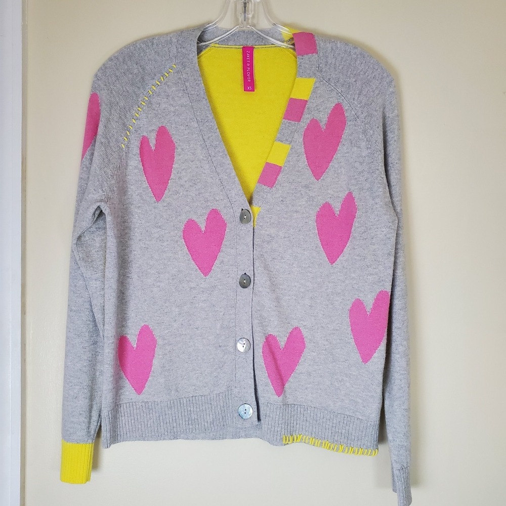 Zaket Plover XS Heart V Neck Cardigan Cotton Cashmere Sweater Mixed Pattern